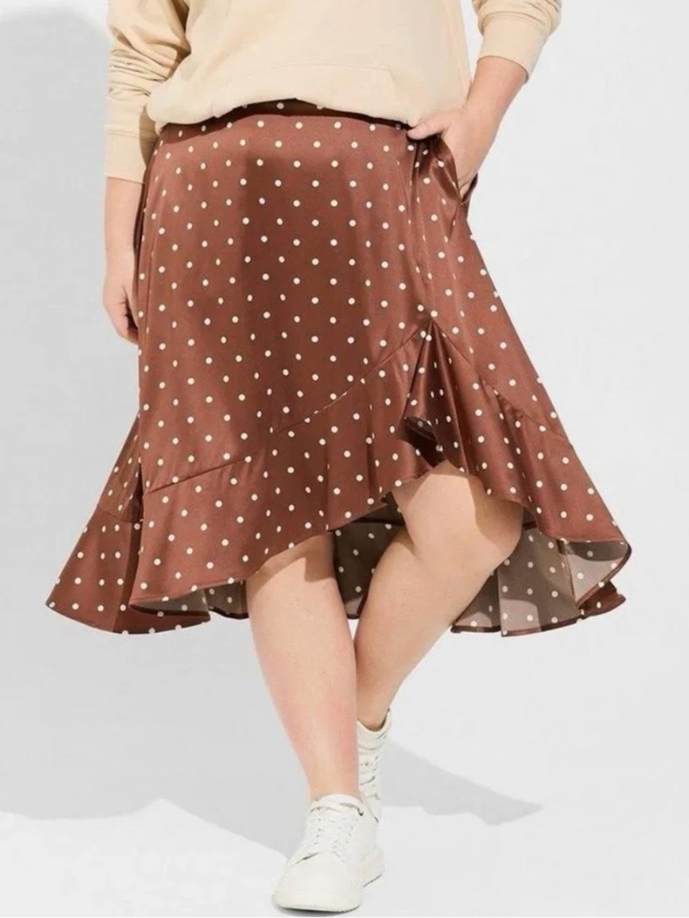 Torrid Brown Midi Satin Skirt White Polka Dot Stretch Hi Low Asymmetrical 4X